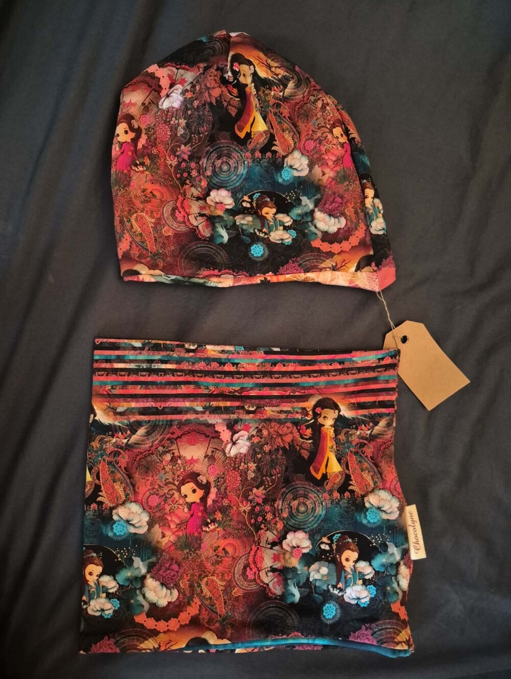 Kids Floral Multicolor Winter Beanie and Neck Warmer Set 3 À 5 Ans Réversible